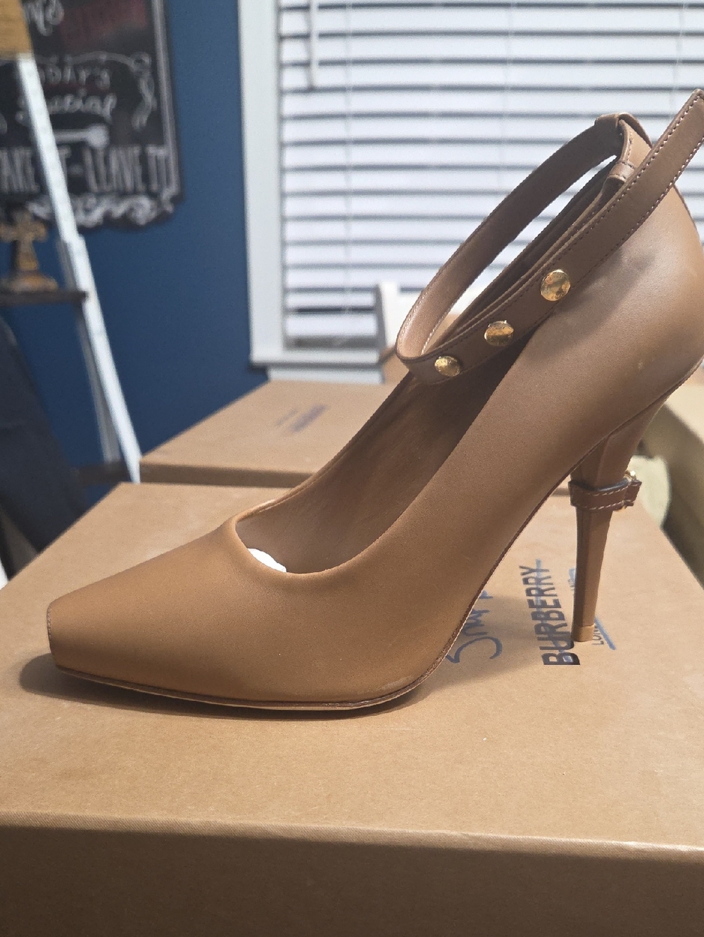 Burberry Tan Leather Pointed-Toe Stiletto with Studded Ankle Strap